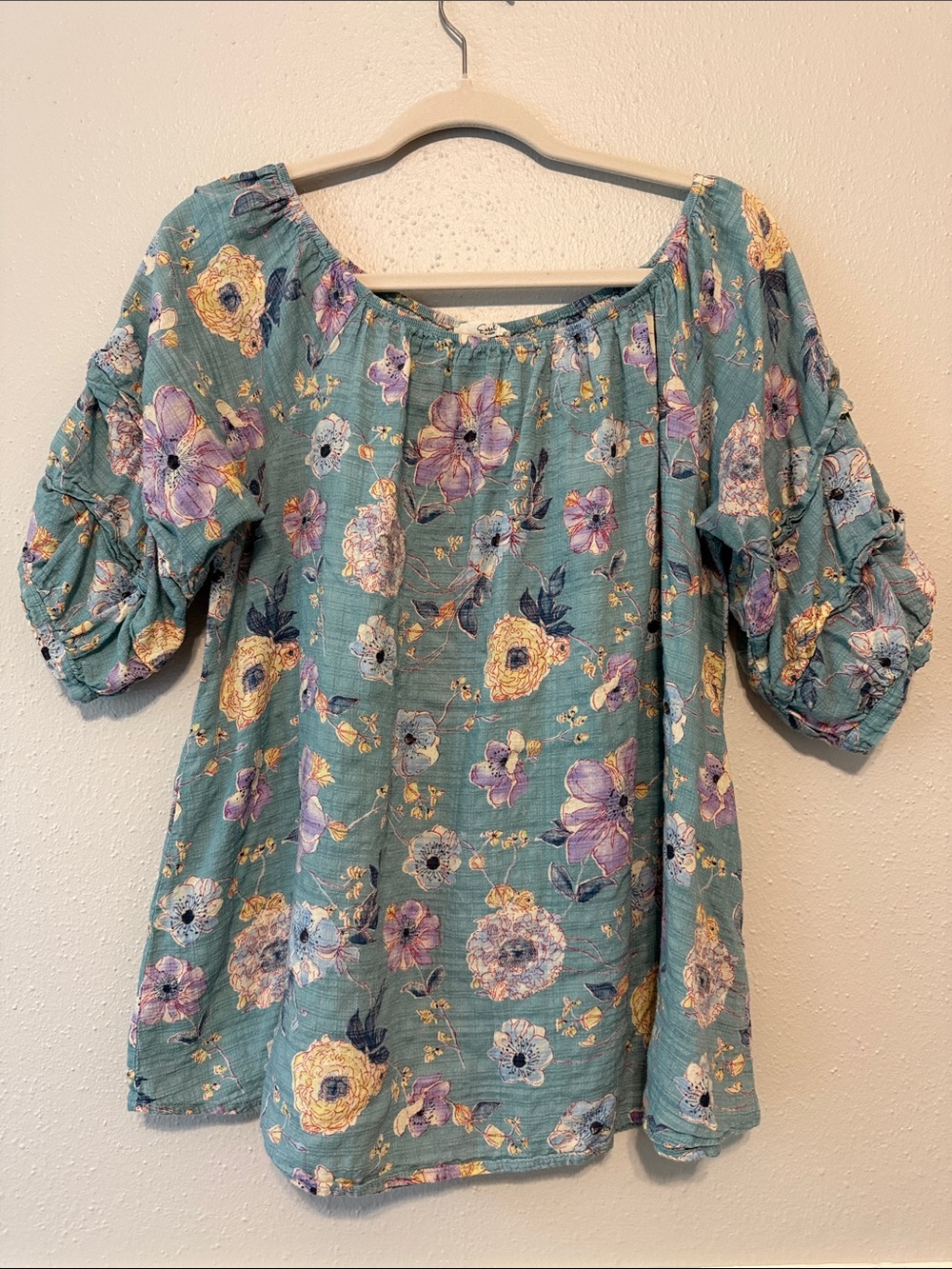 Easel Floral Teal Off-Shoulder Puff Sleeve Blouse with Ruffles
